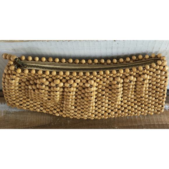 Vintage Retro 1950s Blonde Wood Beaded Clutch Purse Hand Bags By Josef Japan - Picture 3 of 8